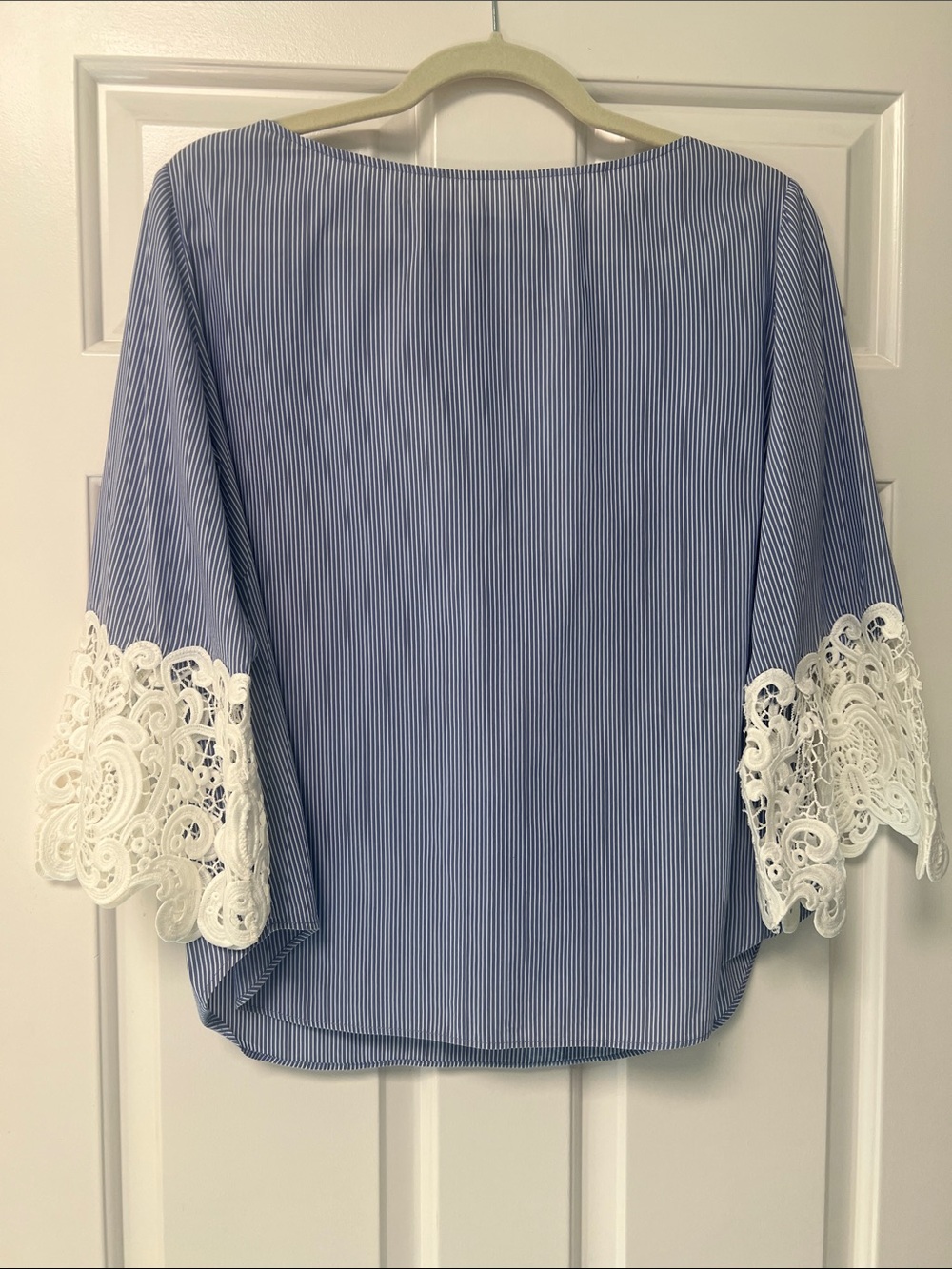 Unk Blue Pinstripe Top with White Lace Sleeves
